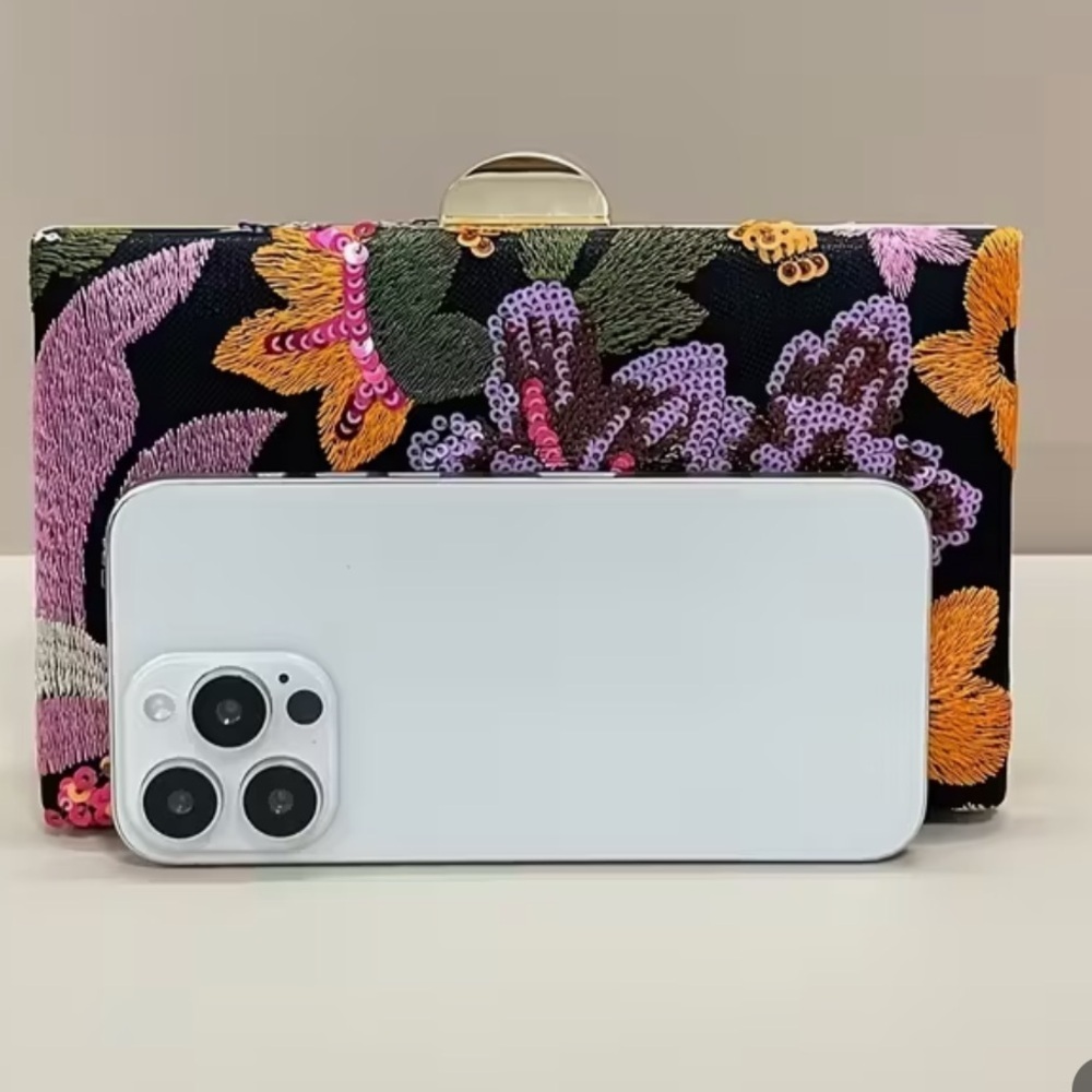 Floral Sequin Clutch with Gold Chain - Picture 8 of 9